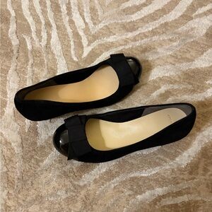Cole Haan Black Suede Wedges with Bow Accent